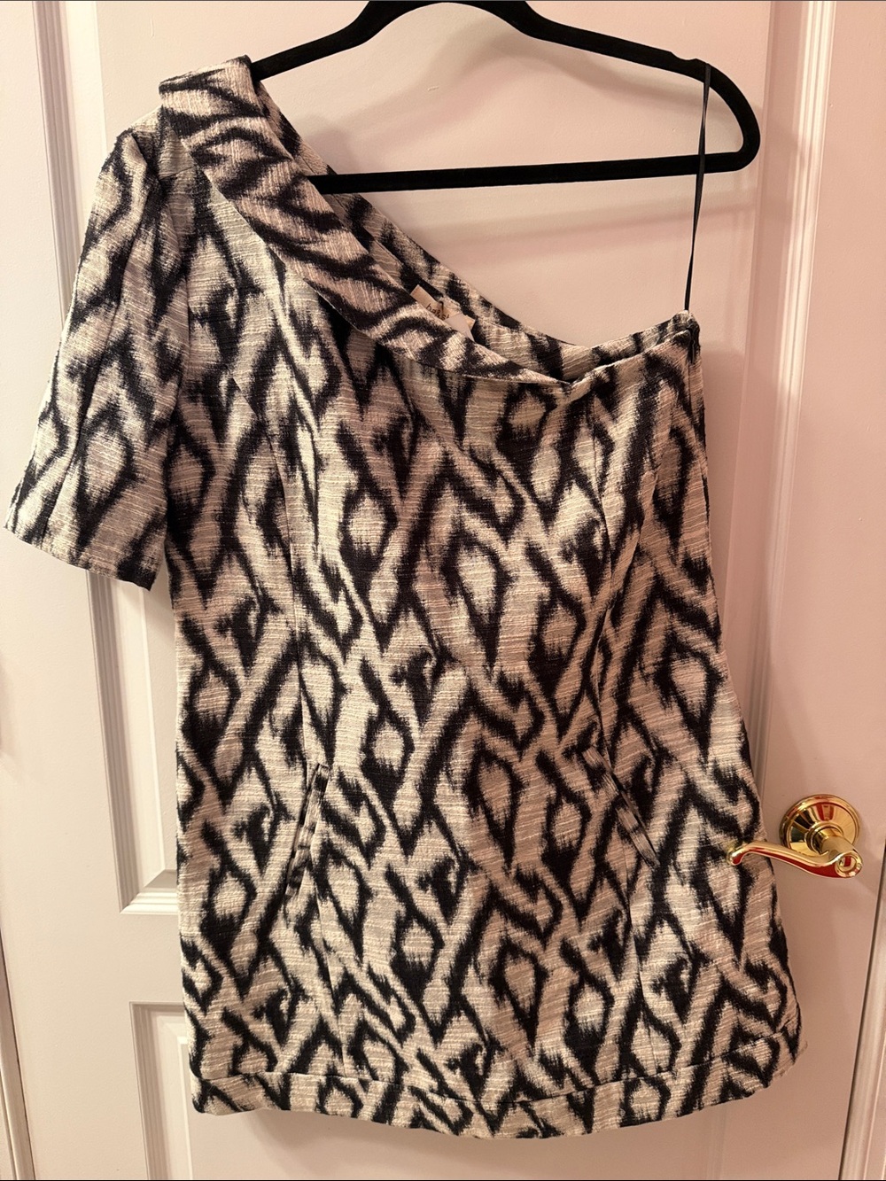 ba&sh One-Shoulder Black and Cream Patterned Dress
